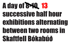 A DAY OF 13 SUCCESSIVE HALF HOUR EXHIBITIONS ALTERNATING BETWEEN TWO ROOMS IN SKAFTFELL BÓKABÚÐ